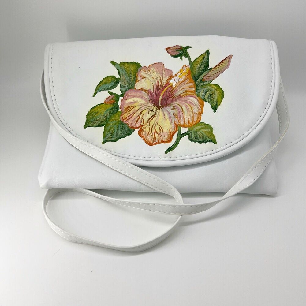 Vintage 60's The Original FLORIDA KEYS Hand Bag PAINTED Floral Yellow HIBISCUS - Picture 4 of 14